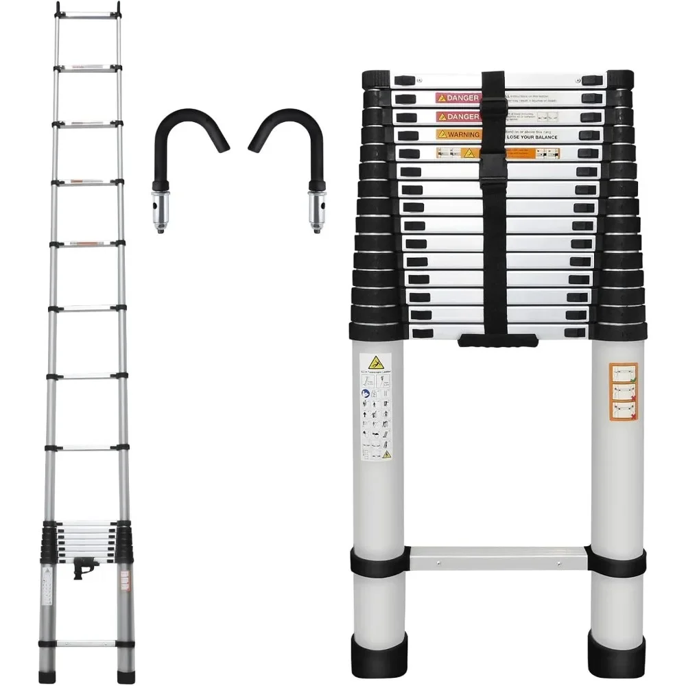 Telescoping Ladder Aluminum DIY Extension Folding Loft Ladder with Detachable Hooks Anti-Slip Rubber Feet Portable