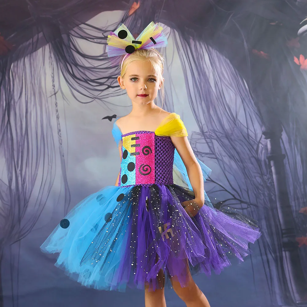 

The Nightmare Before Christmas Sally Costume Tutu Dress with Headband Christmas Fancy Dress Up Deluxe Costume Kids Party Dresses