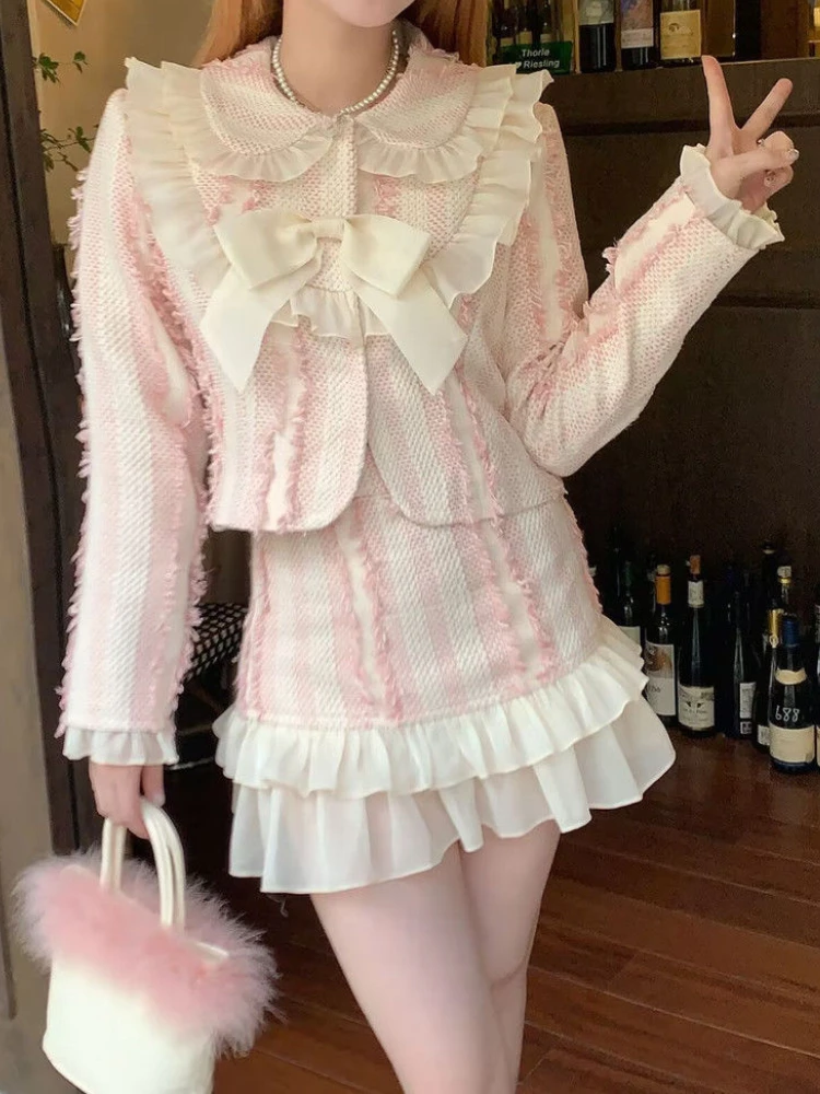 

Winter Elegant 2 Piece Set Women Patchwork Bow Pink Coats + Short A-line Skirts Female Vintage Casual Sweet Skirt Suit 2023 New