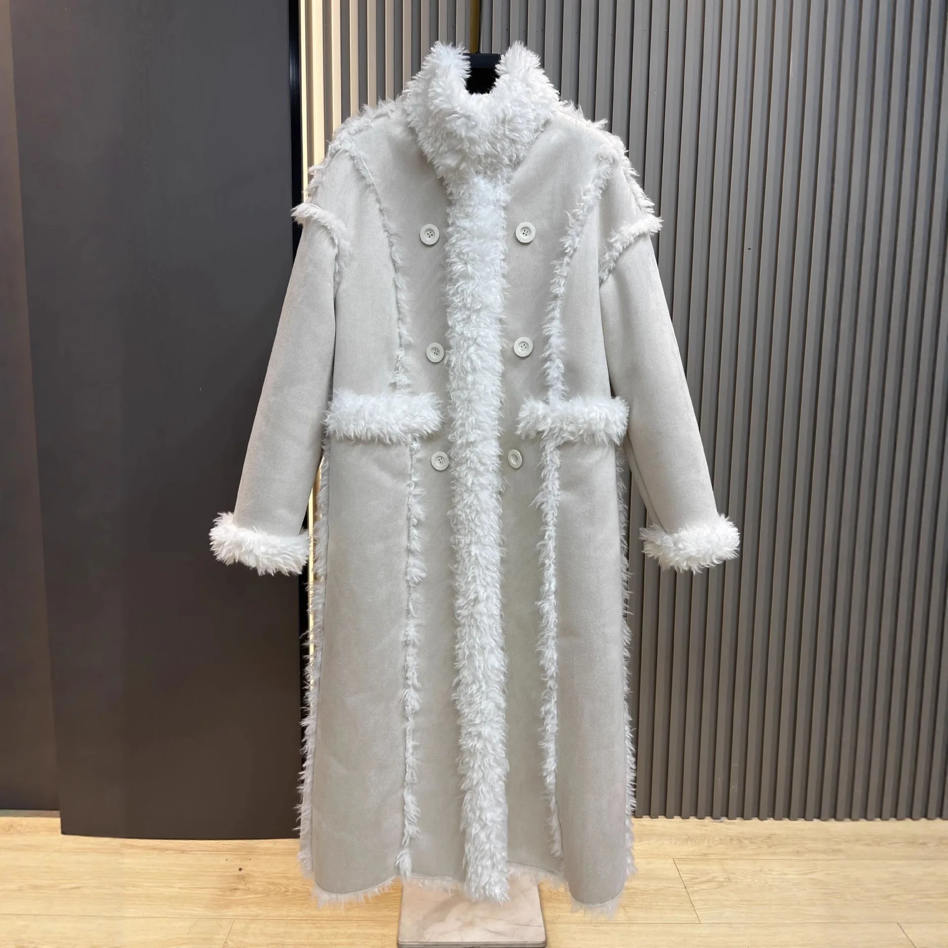 معطف طويل للنساء شتاء 2025 جديد تقليد فرو الضأن الوقوف طوق عكسها معطف الشتاء معطف المرأة معاطف طويلة فو الفراء #3