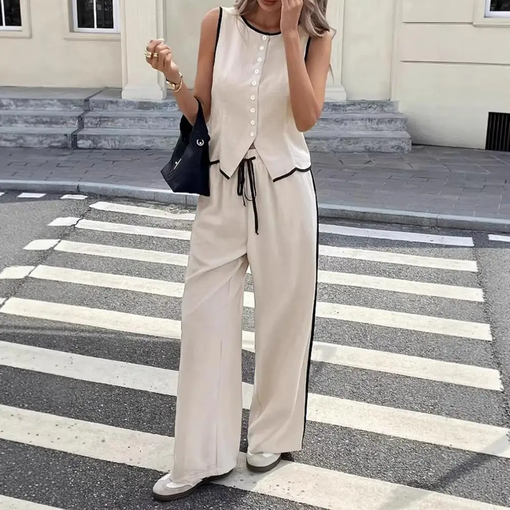 Women Summer 2 Piece Outfits Sleeveless Button Down Vest Wide Leg Pants Sets Casual Business Work Matching Set Женская одежда
