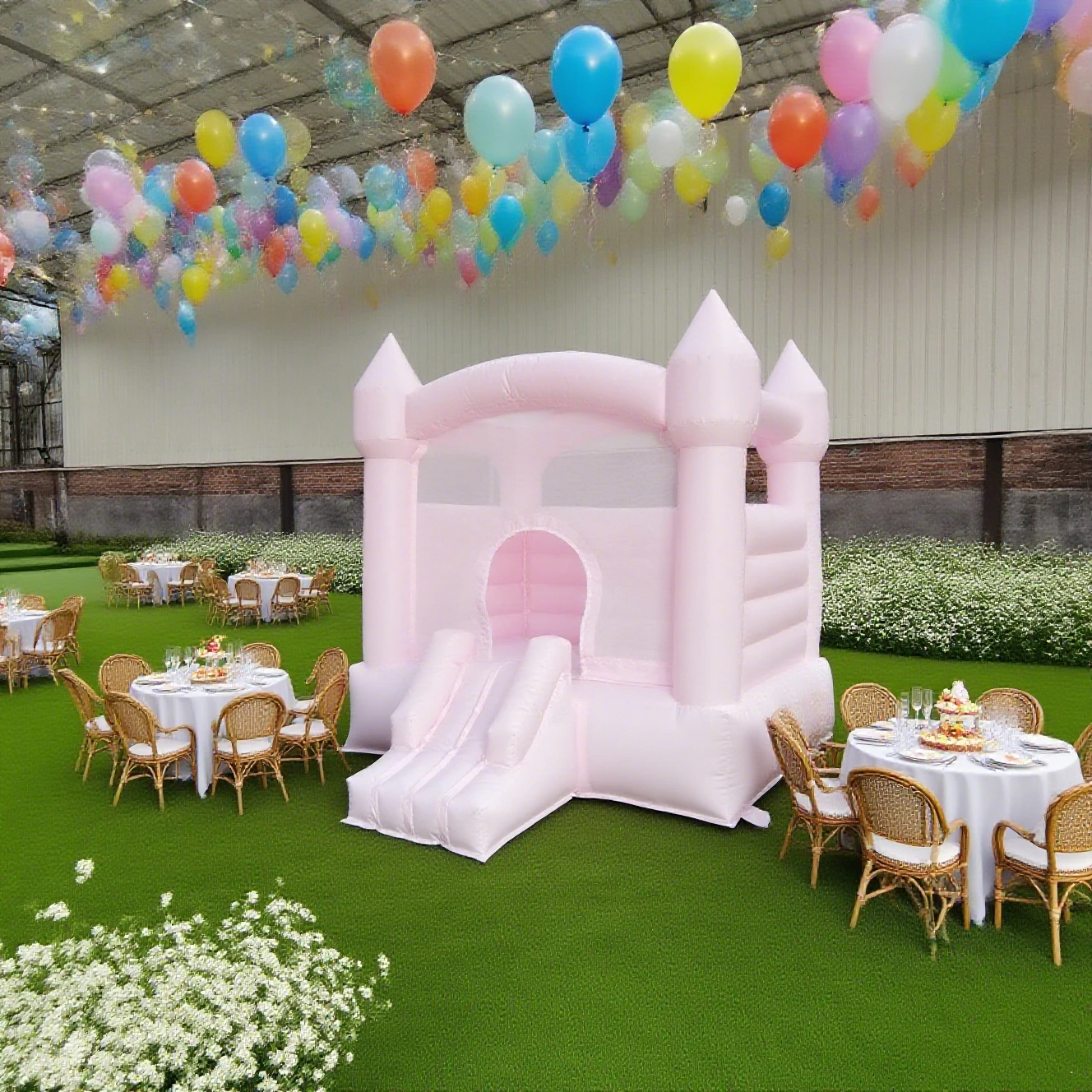 Trampolín inflable de tobogán inflable de castillo inflable rosa para interiores y exteriores con soplador