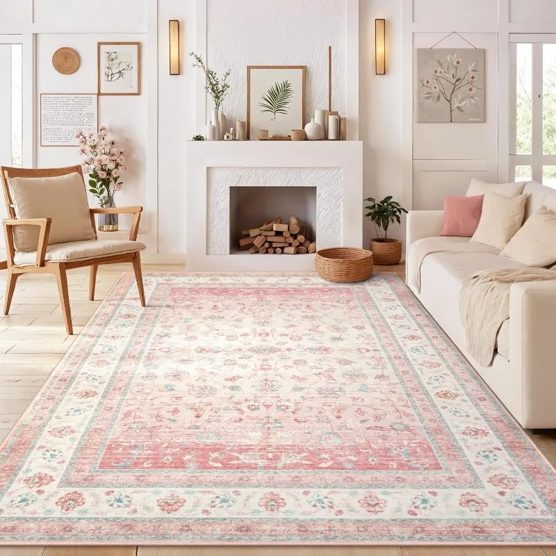 

Pink Area Rug for Living Room, 8x10 Soft Washable Boho Floral Area Rugs, Non Slip Stain Resistant Large Rug for Nursery,