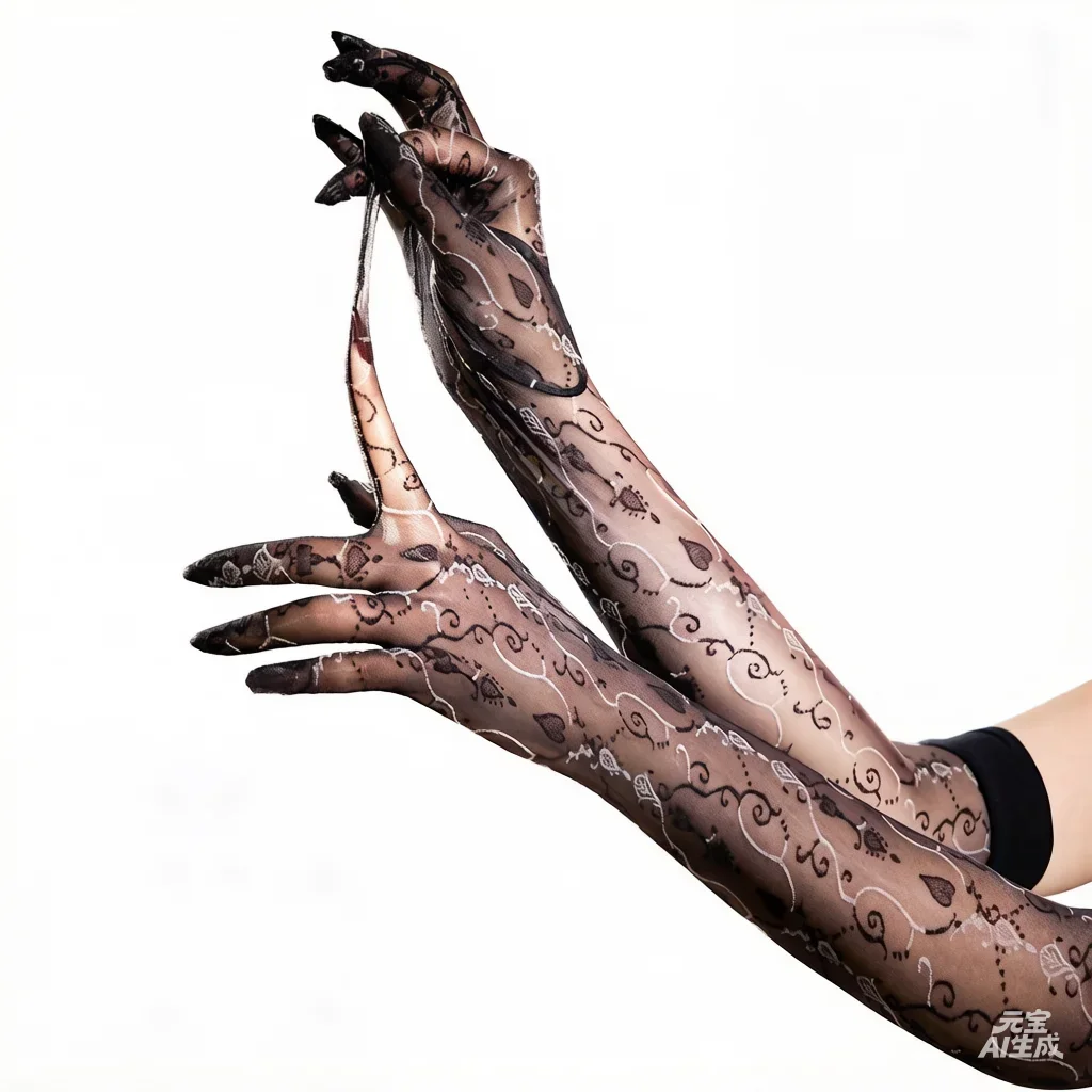 

Sexy Women 1D Ultra Thin Jacquard Lace Glove Five Finger Long Glove Oil Shiny Glossy Sun Glove Elastic Party Wedding Glove