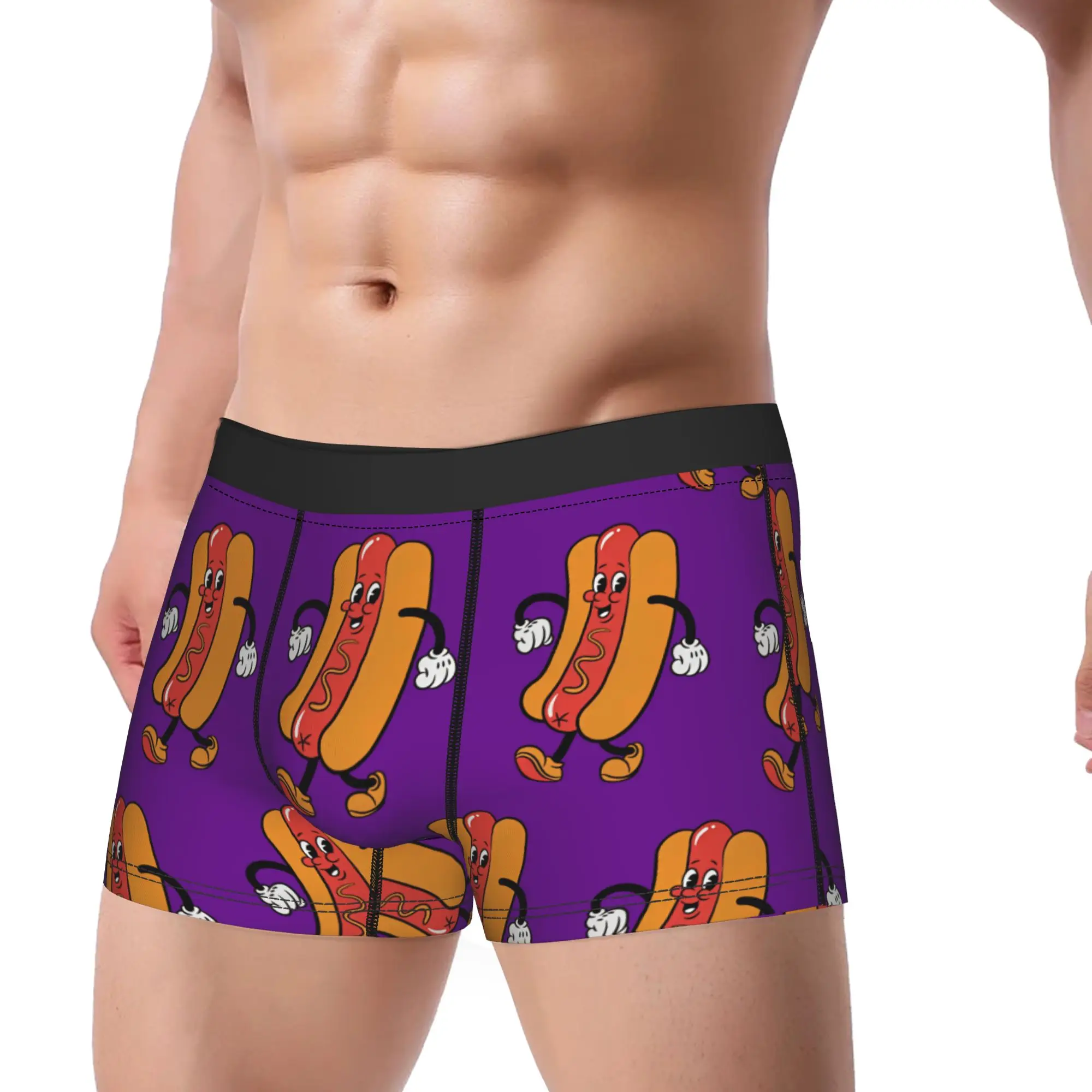 Vintage Walking Hot Dog Mascot Purple Background Boxer Brief  Underwear Trenky Males Comfortable Boxer Shorts Plus Size Panties
