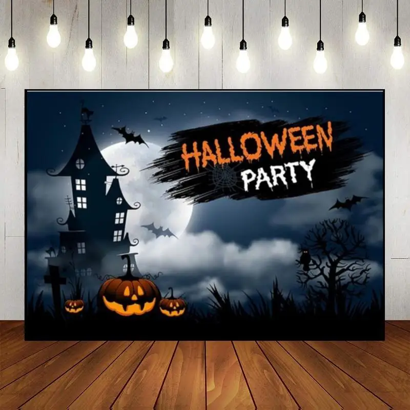 Halloween Full Moon Background Baby Shower Party Birthday Decoration Old Castle Custom Backdrop Pumpkin Lantern Banner Photo Bat