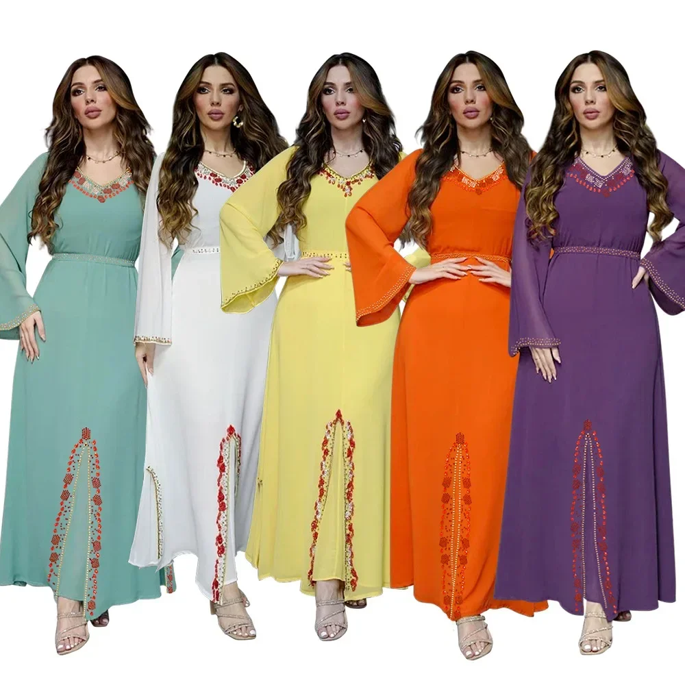 

Chiffon Diamond Summer Dress Abaya for Women Loose Long Dress Kaftan Women Dubai Abayas Long Sleeve Evening Dress Muslim Dress