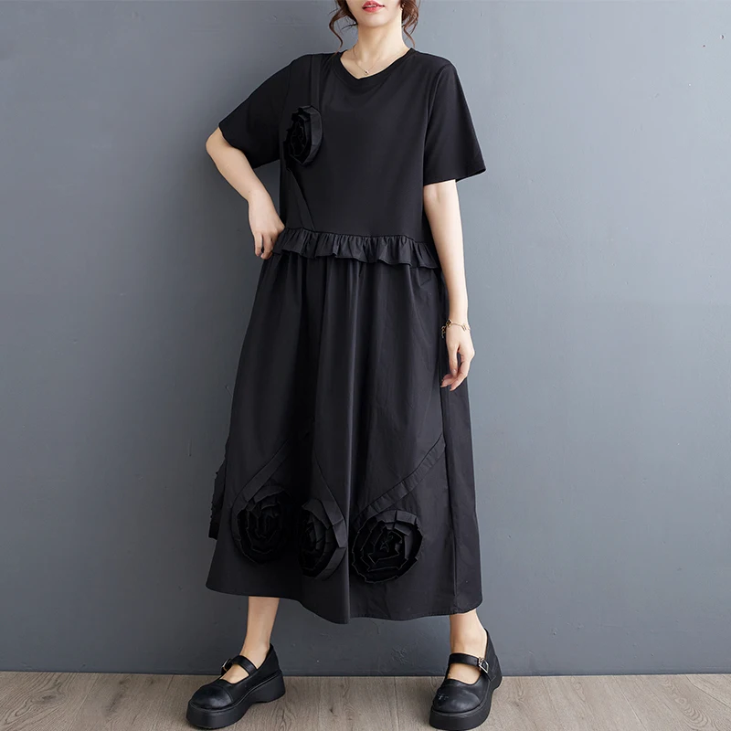 Robe T-shirt Manches Courtes, Noir, Patchwork, Fleur, At, Ligne A, Fendue, Streetwear, Longue, Taille Haute, #3874