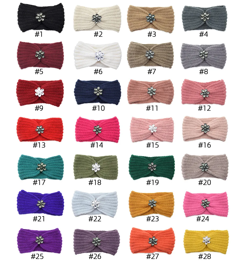 Elegant Rhinestone Flowers Knitted Headband Women Sports Yoga Elastic Hairbands Bandana Autumn Winter Ear Protection Headwrap