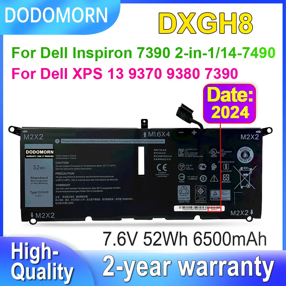 

DODOMORN DXGH8 For DELL XPS 13 9370 9380 7390 for dell Inspiron 7390 2-in-1 7490 Laptop Battery G8VCF H754V 0H754V 7.6V 52Wh