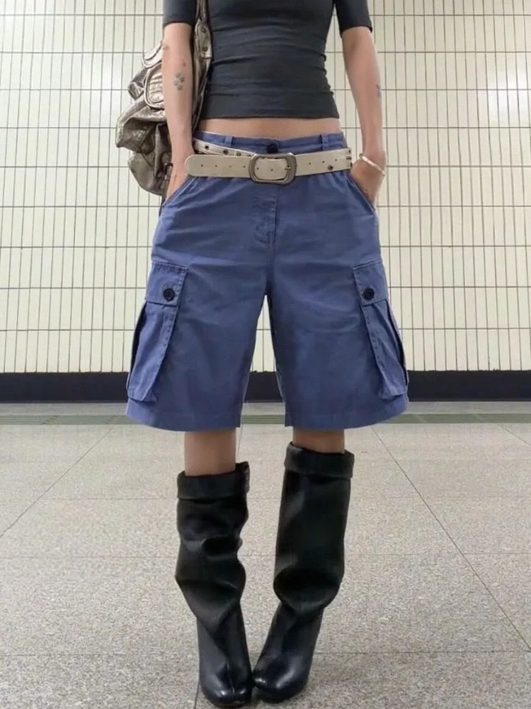 HOUZHOU Y2k Blue Jorts Women Harajuku Fashion Cargo Short Jeans American Street Retro Wide Leg Vintage Multi-Pocket Denim Shorts
