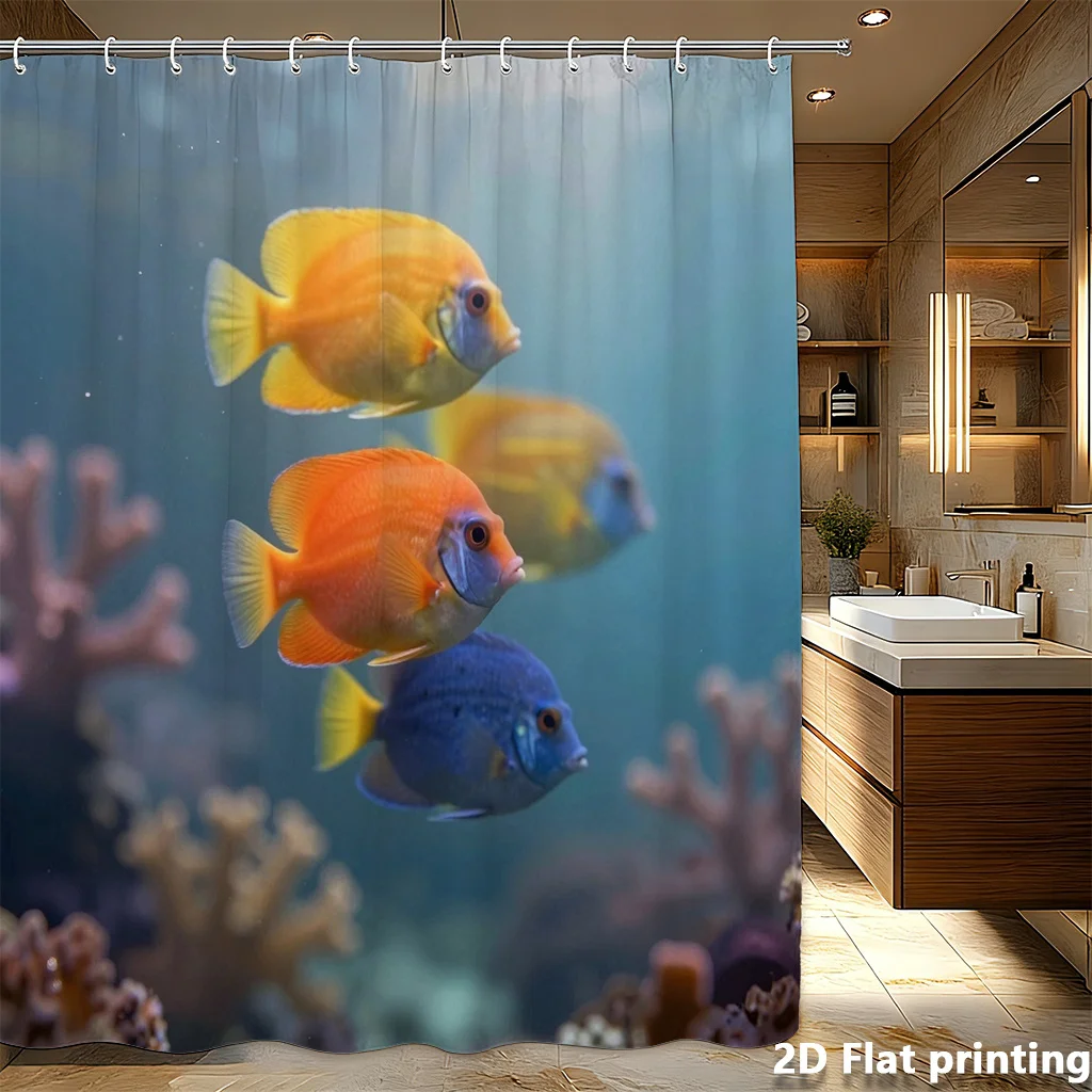 鮮やかな熱帯魚シャワーカーテンブルーオレンジイエロー水中サンゴ礁2dフラット印刷防水浴室装飾
