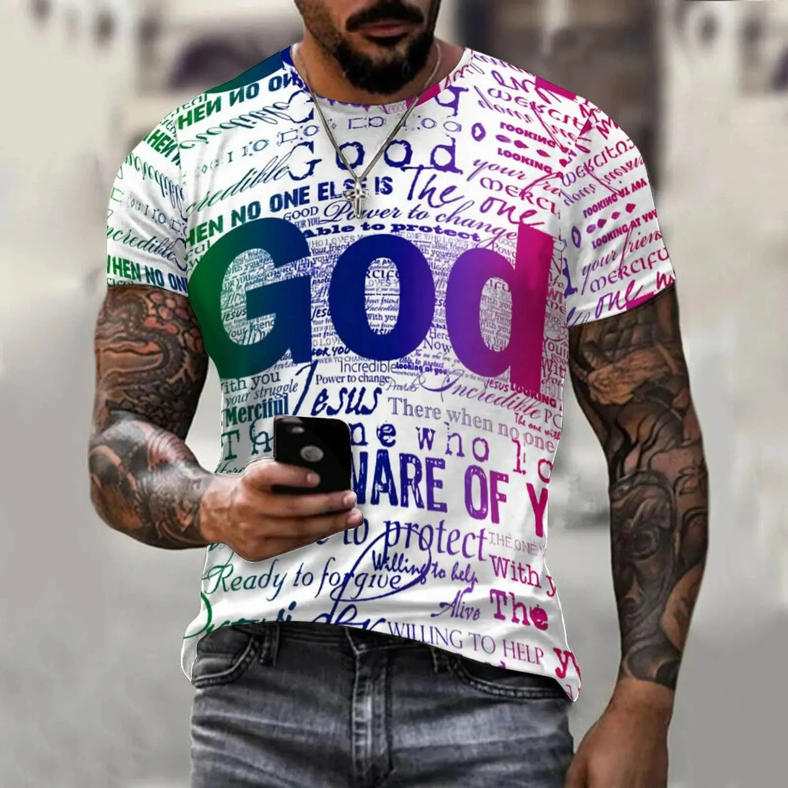 Nieuwe modieuze letter Jezus gedrukt 3D grafische heren T-shirt modieuze straat ronde hals korte mouwen casual top T-shirt