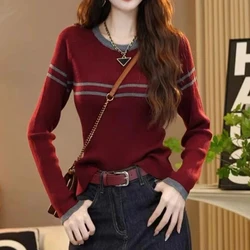 여성 의류 한국 패션 스트라이프 스위트 시크 모든 경기 니트 스웨터 가을 캐주얼 O 넥 긴 소매 슬림 풀오버 탑