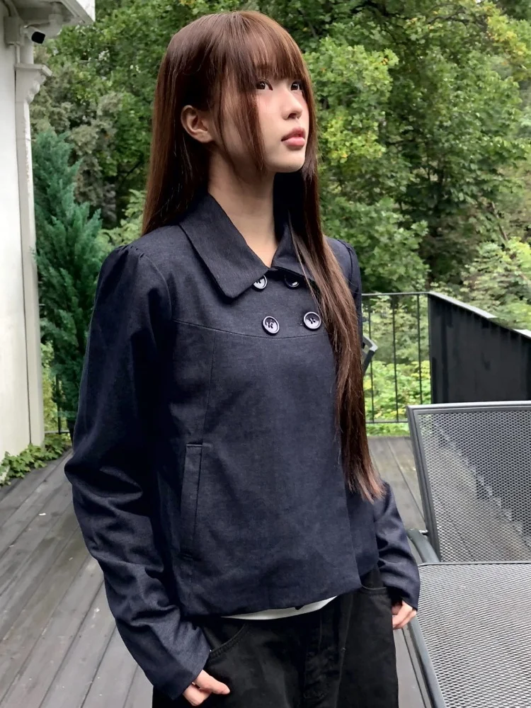 

Korean Style Exclusive Design Long Sleeve Jacket Double Row Button Flip Collar Warm Casual Loose Fit Women's Outerwear