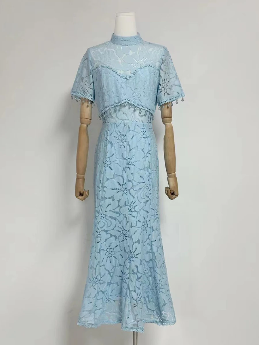 VGH Abito aderente con ricamo impiombato sexy per donna Colletto alla coreana Manica corta Vita alta Patchwork Nappa Abiti trasparenti Donna