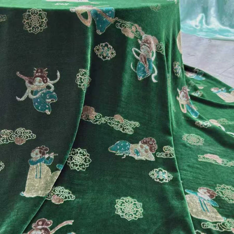 Blue Green Chinese Ancient Characters Embroideried Silk Velour Fabric for Sewing Silk Velvet Fabric for Warm Dress R6132