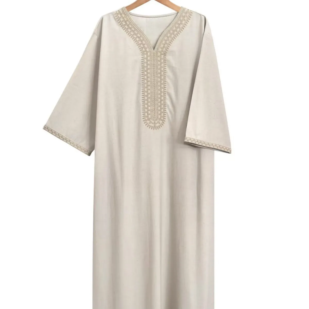 2025 New High-end Embroidered Thobe Men's Clothing Muslim Mid-sleeve Linen Robe with Pockets Ramadan Dubai Luxury Islam Elegant