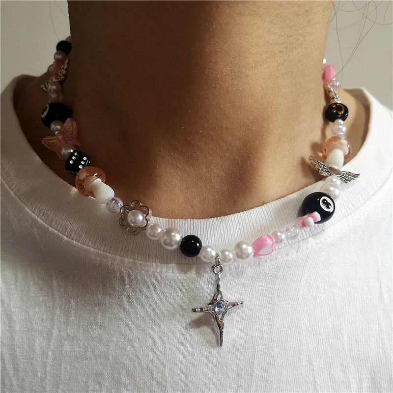 Kpop Vintage Gothic Y2K Metal Butterfly Star Cross Love Flower Pendant Acrylic Pearl Beaded Necklace For Women Egirl EMO Jewely