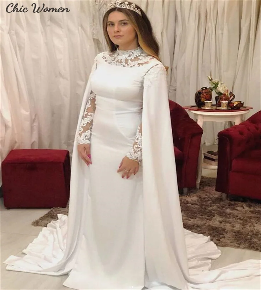 Elegant Muslimah Wedding Dress With Cape Sleeves Mermaid High Neck Lace Muslim Islamic Civil Country Boho Bride Customized