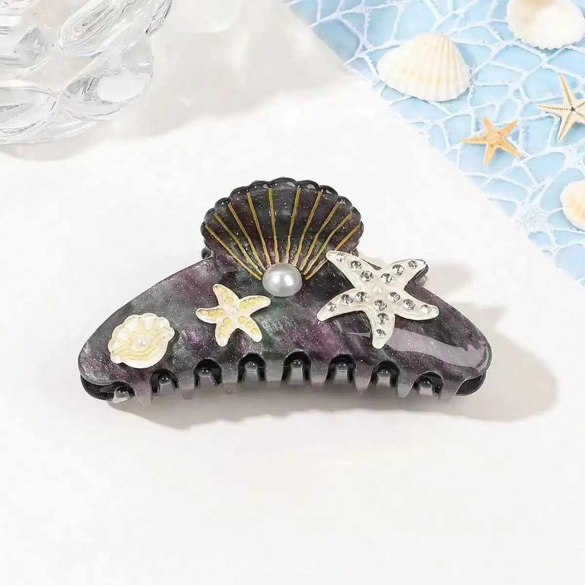 1pc ocean style hair clip with rhinestones and imitation pearls - Bohemian sweet oval hair clip,