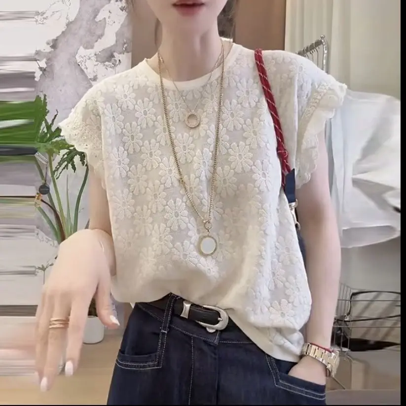 

Ice Silk Flying Sleeve Knitted T-shirt for Women Summer New Casual Loose Slimming Flower Temperament Tops Fashion Women Clothing