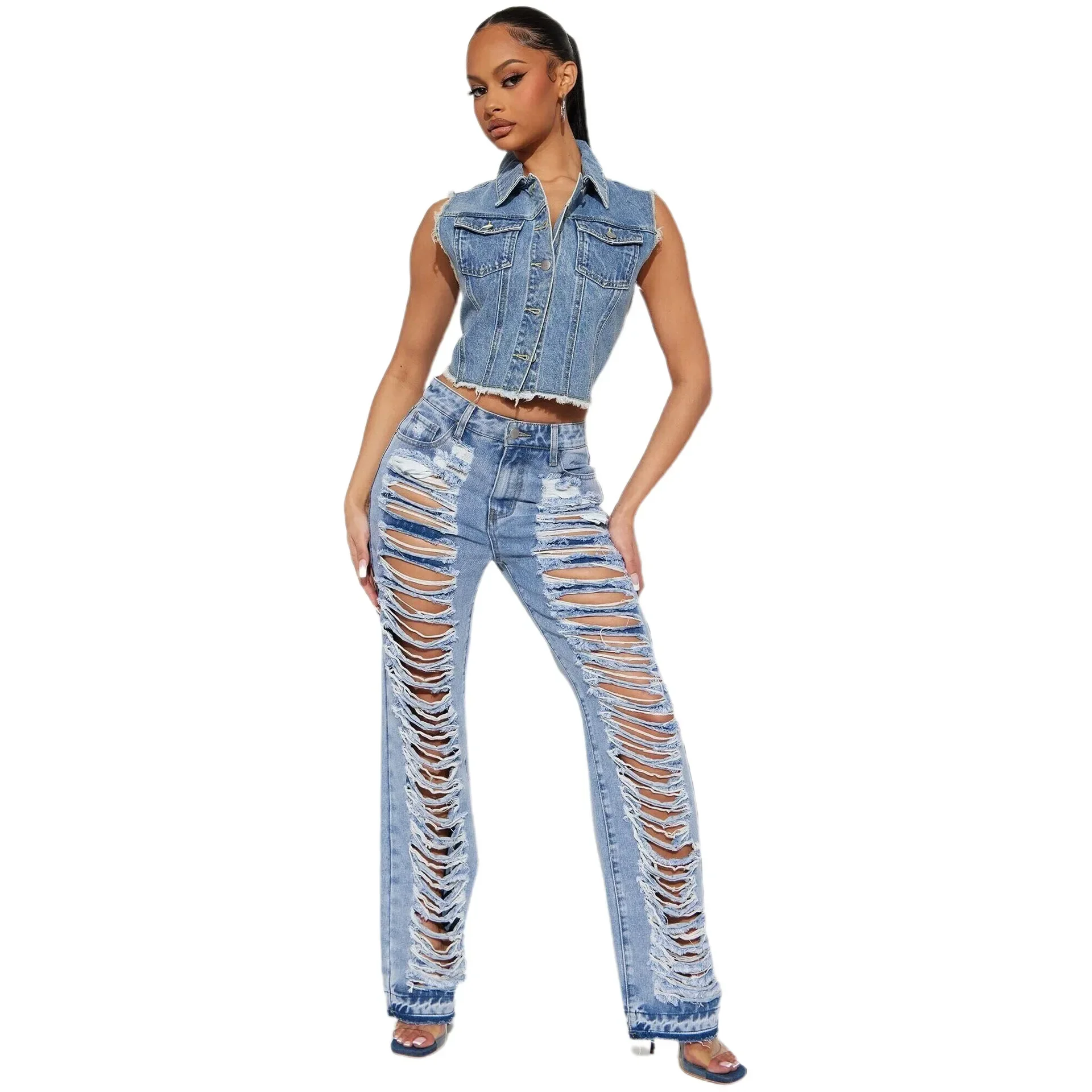 Women's Autumn Fashion New Slim-fit Sexy Micro Stretch Ripped Micro Flared Jeans Loose Sky Blue Make Old High-waisted Jeans T2k