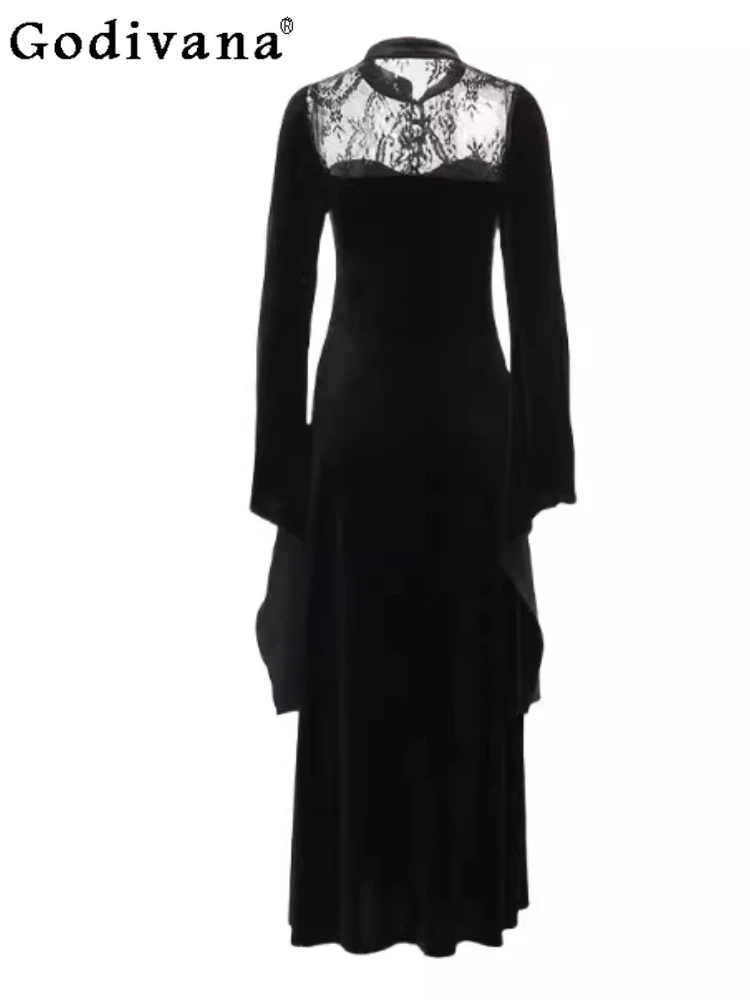 

Halloween Autumn Sexy Temperament High Waist Fashion Split Long Dress Elegant Female Lace Splicing Punk Flare Sleeve Dresses