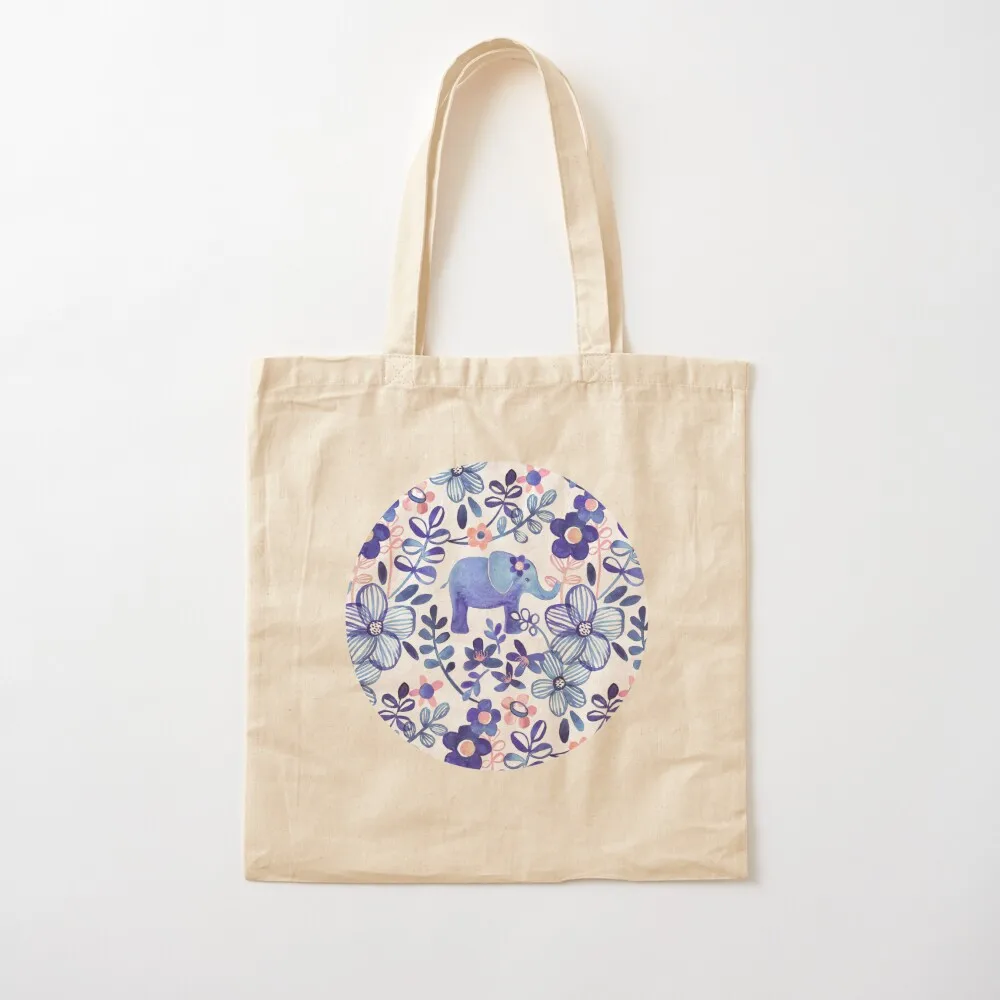 Pale Coral, White and Purple Elephant and Floral Watercolor Pattern Tote Bag