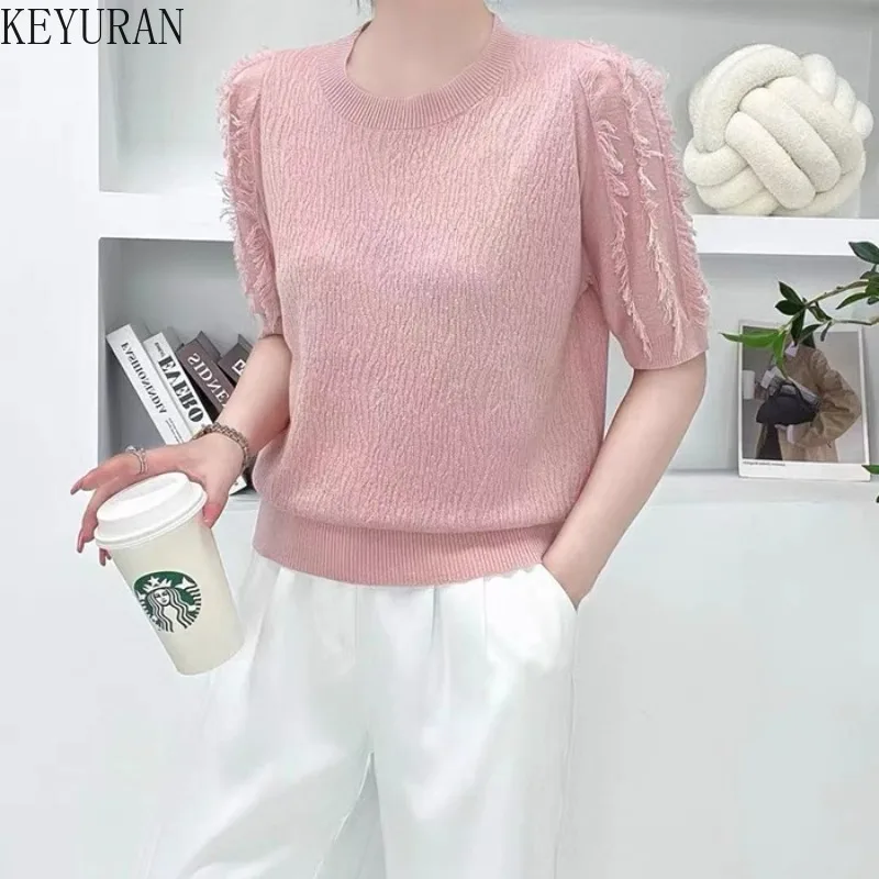 

2024 Summer Tassel Sweater Women's Knitted T Shirt Female Casual Short Sleeve All-match Pullover Chic Knitwear Tops Loose Tees