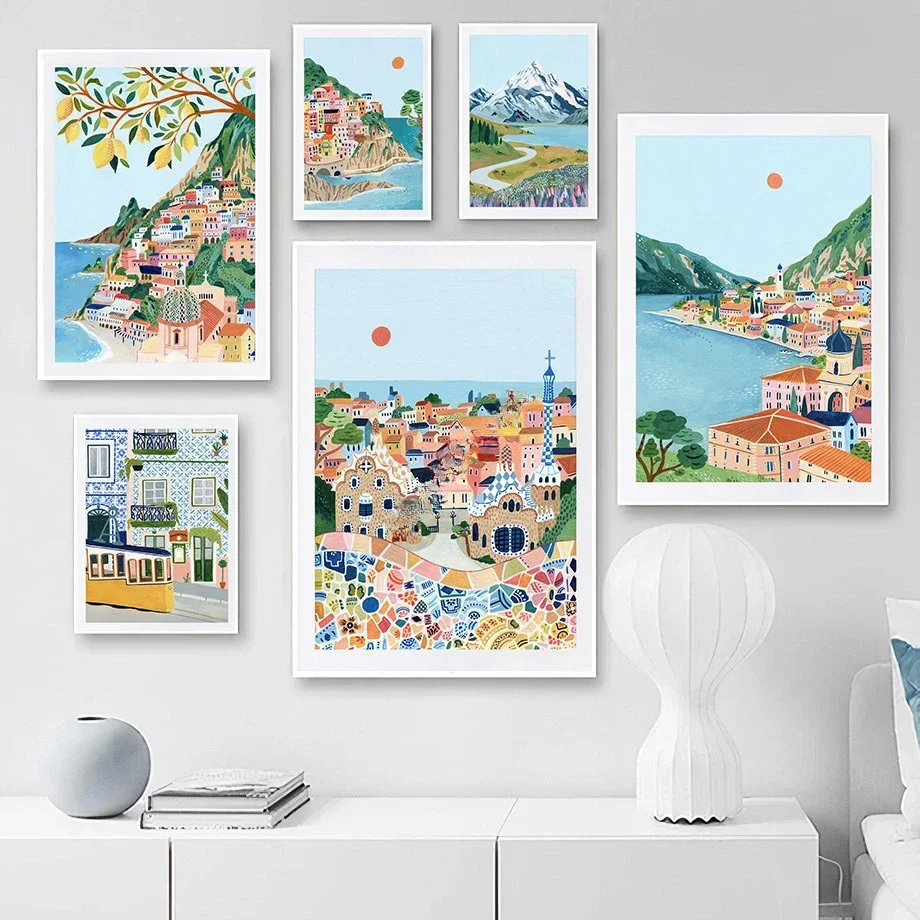 Barcelona Santorini Italy New Zealand Japan Art  Nordic Poster Print Wall PicturesCanvas Painting Living Room Home Decoration