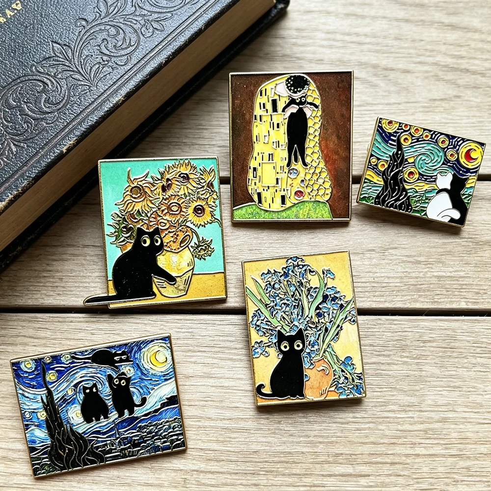 5pcs Famous Painting Black Cat - Collectible Vintage Brooches ulasan dan harga