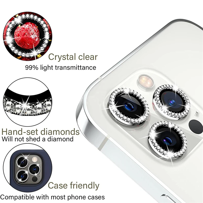 500 peças para iphone 16e 16 15 14 13 12 11 pro max plus diamante lente da câmera traseira anel de metal 3d bling protetor de vidro temperado