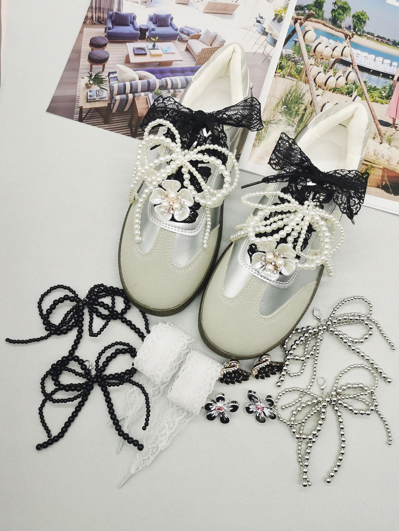 6PCS Spitze Schnürsenkel Dekor Barock Faux Perle Bogen Schuh Anhänger Dekorationen Blume Schnürsenkel Clips Zubehör Schwan Schuh Schnallen – Detail 7