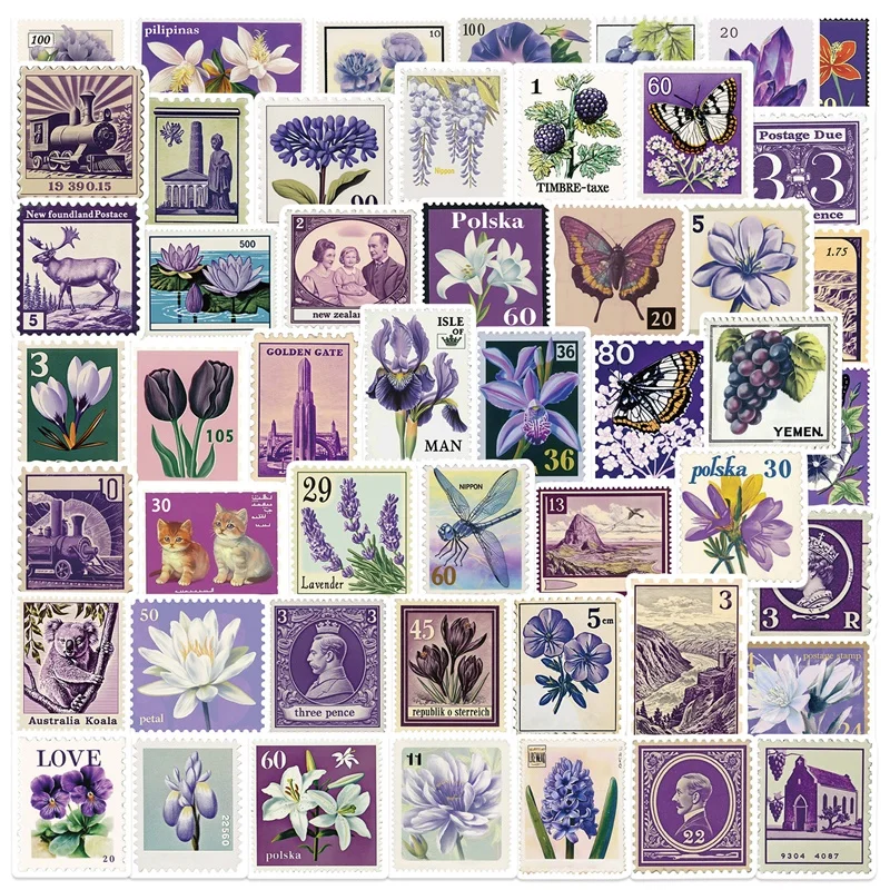 10/30/50PCS Vintage Purple Stamps PVC Sticky Sticker Aesthetic DIY Decoration Scrapbooking Supplies