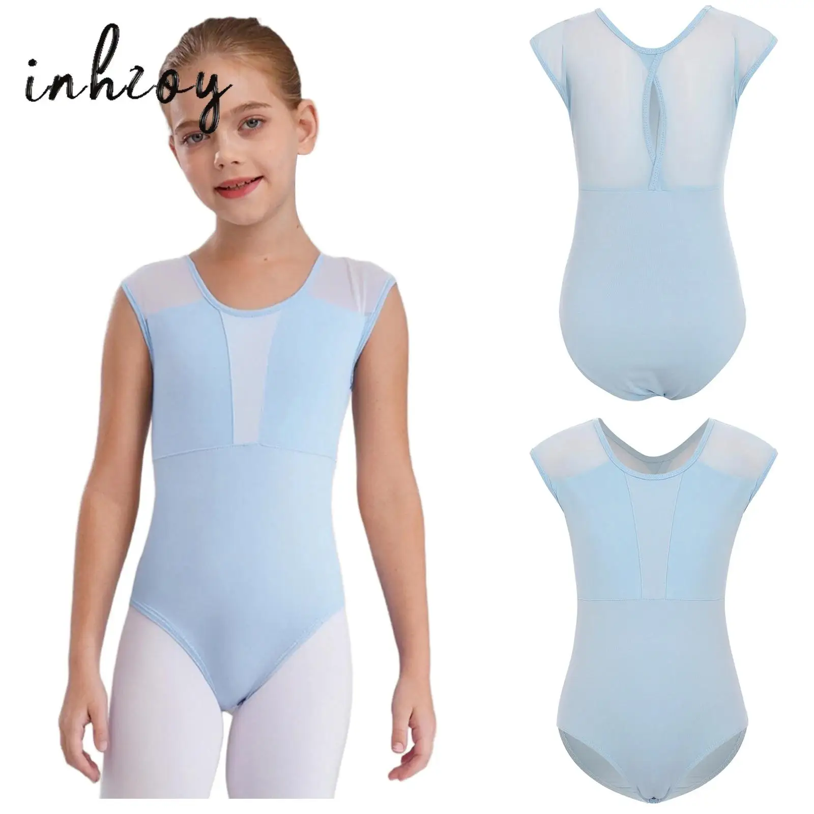 

Kids Girls Gymnastics Ballet Dance Leotard Round Neck Keyhole Back Sheer Mesh Patchwork Press Button Crotch Bodysuit Dancewear