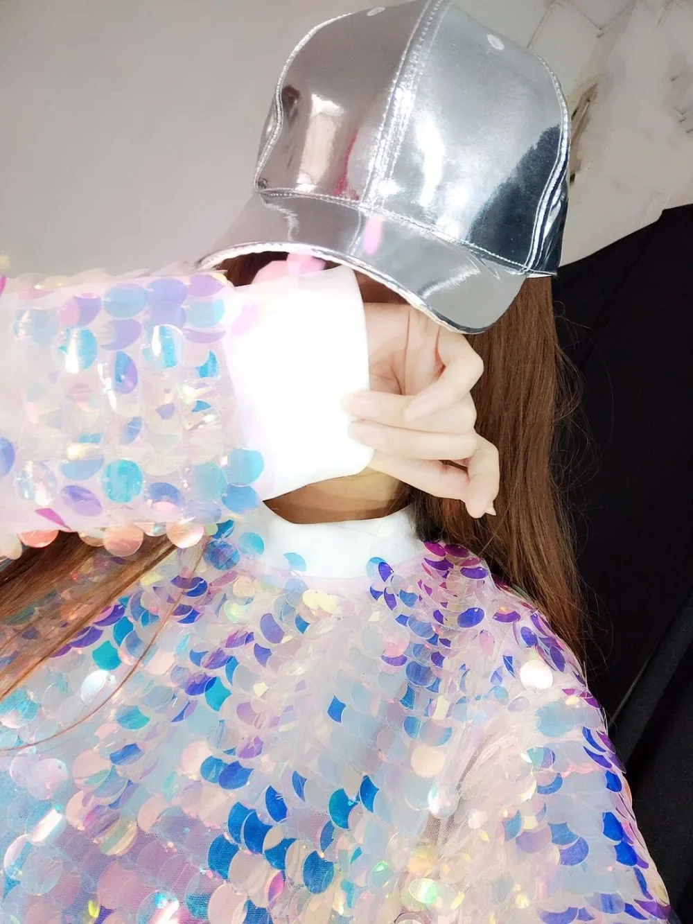 화려한 큰 스팽글 긴팔 티셔츠 여성 루즈핏 롱탑 여성 댄서 재즈 힙합 댄스 의상 바 쇼 무대 의상