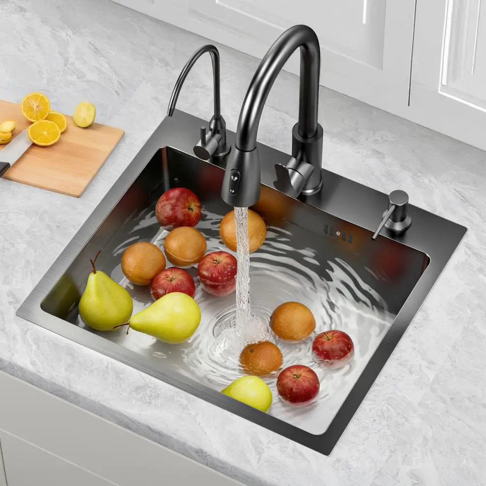 Kitchen Sink, Black Inset Dishwasher Basin, Stainless Steel Single-bowl Faucet Set, Corner Kitchen Workstation Sink