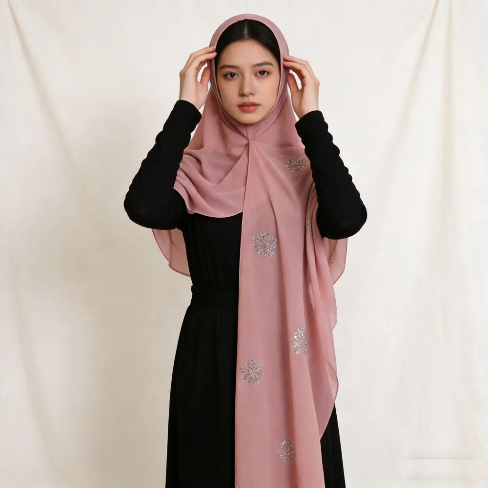 

Ramadan Chiffon Hijab Women Flower Rhinestone Scarf Instant Muslim Prayer Khimar Amira Head Wrap Cap Elegant Islam Religious New
