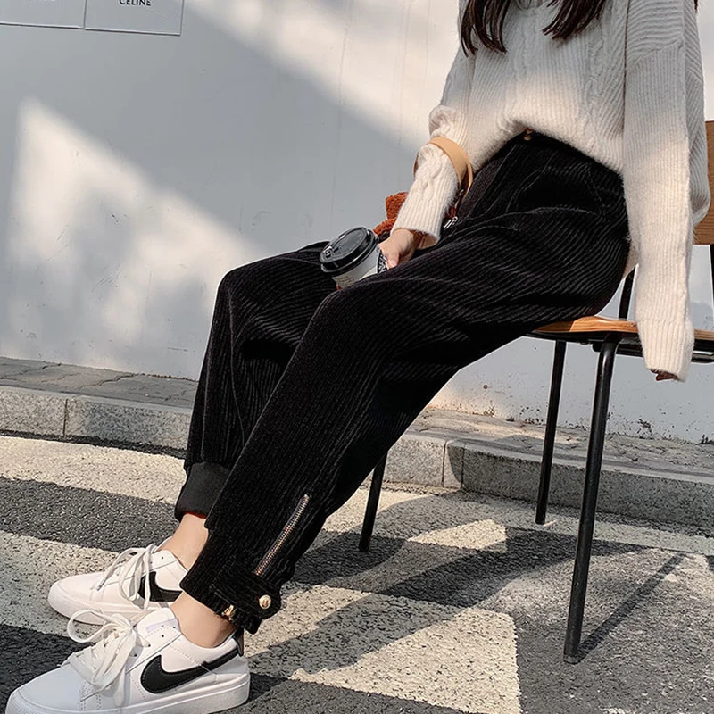 Vintage Corduroy Pants Women Autumn Winter New Streetwear Zipper Harem Pants Korean Casual High Waiste Chic Trousers Female