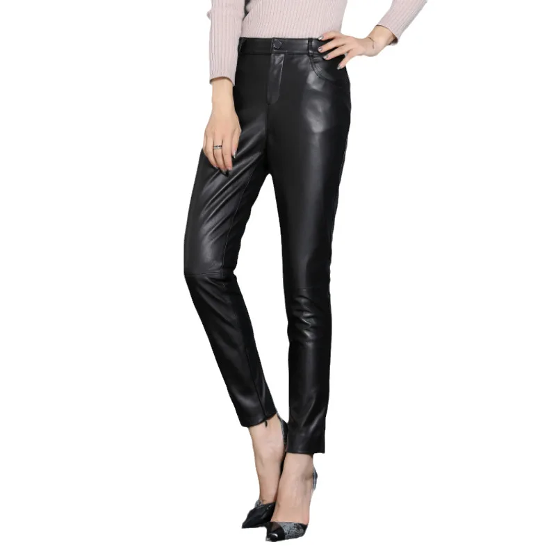 Leather Pants, Women\'s Slimming Small Leg Sheepskin Pencil Pants, Spring And Autumn, Leather Leggings ,Slim Leather Pants 4XL