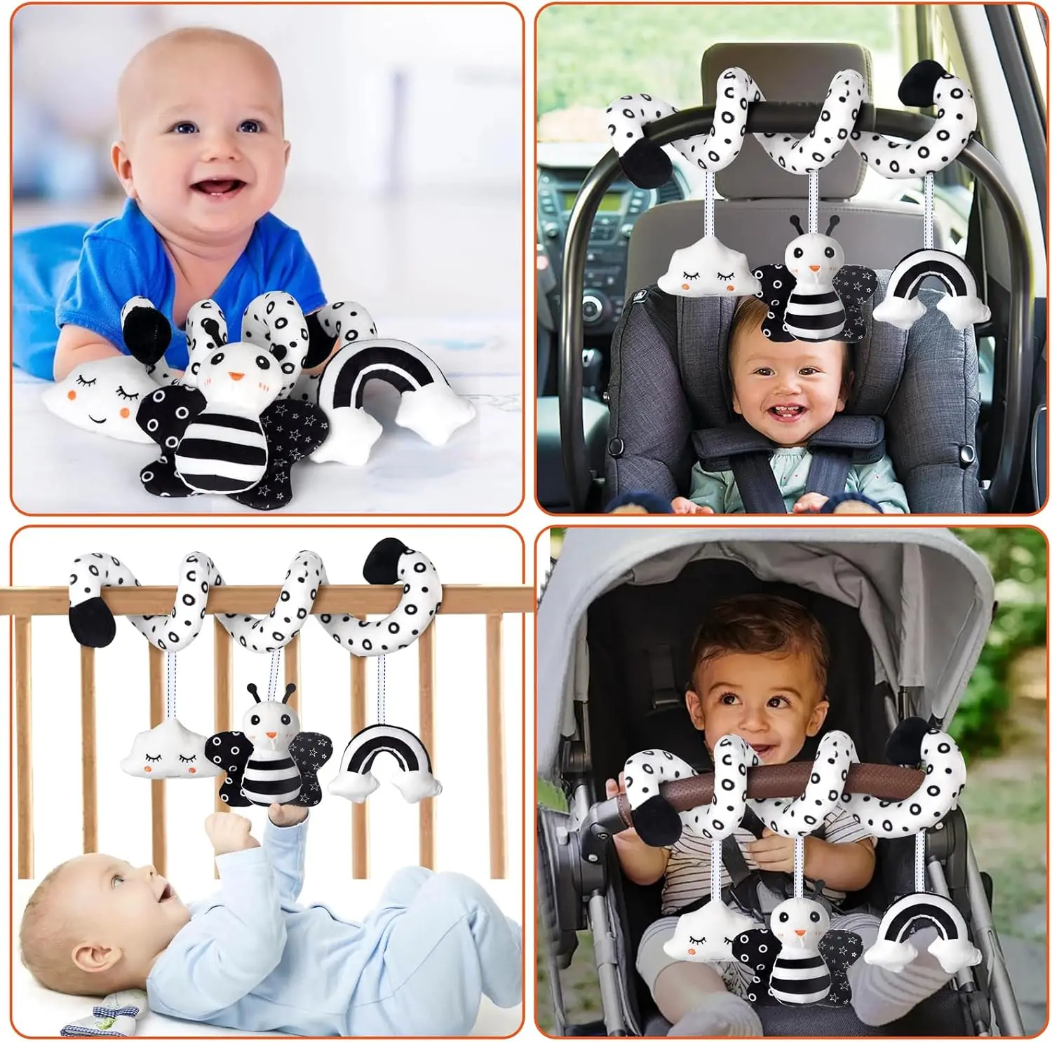 Juguetes para bebés con sonajero y Peep, asiento de coche sensorial de alto contraste y cochecito, juguete para cuna colgante en espiral para bebés de 0 a 6 meses