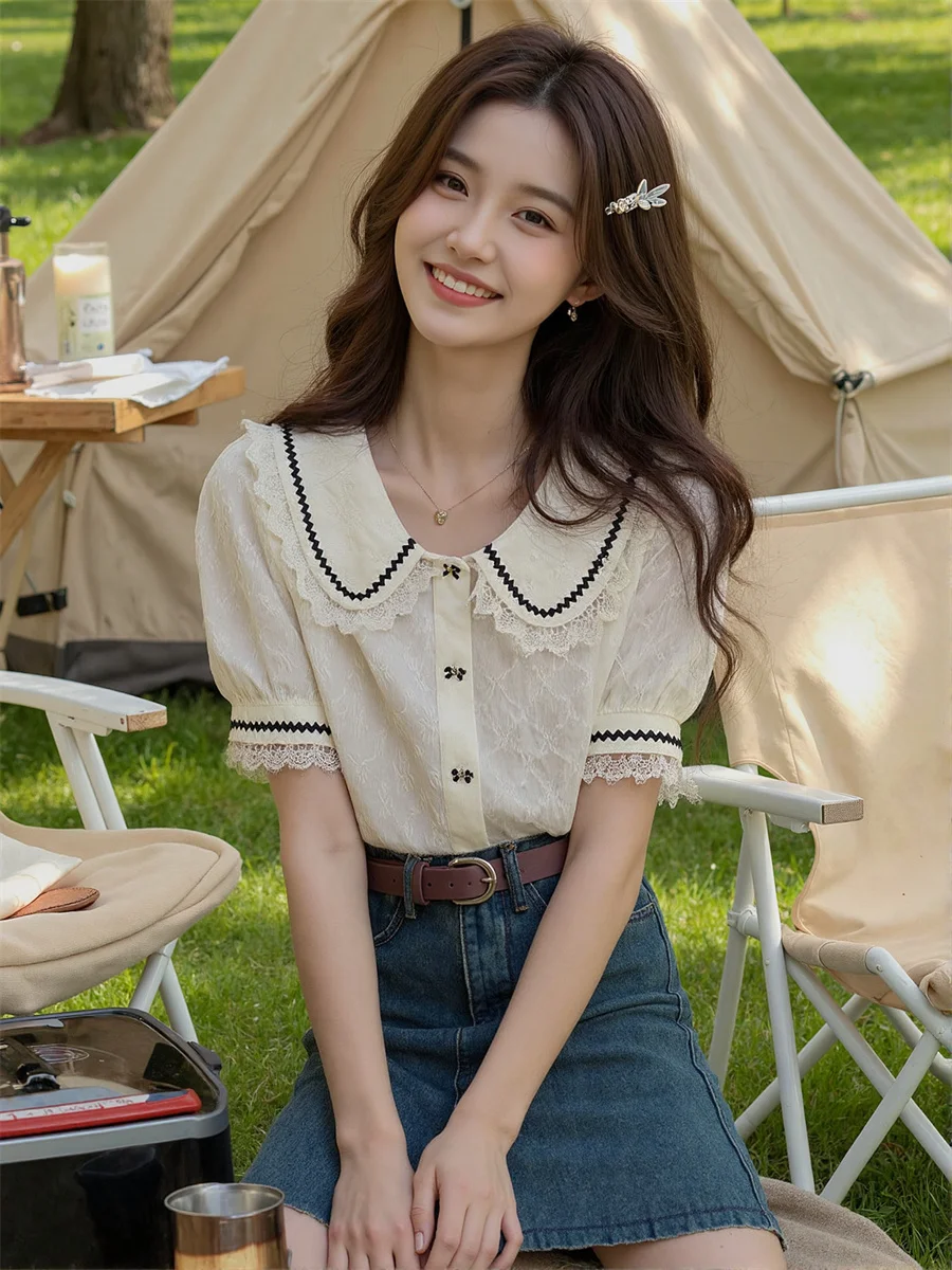 Nette Spitze Shirts Mädchen Blusen Kleidung Für Frauen Herbst Süße Kragen Gymnasium Schnell Trocknend Atmen Kurzen Stil All-Match täglich