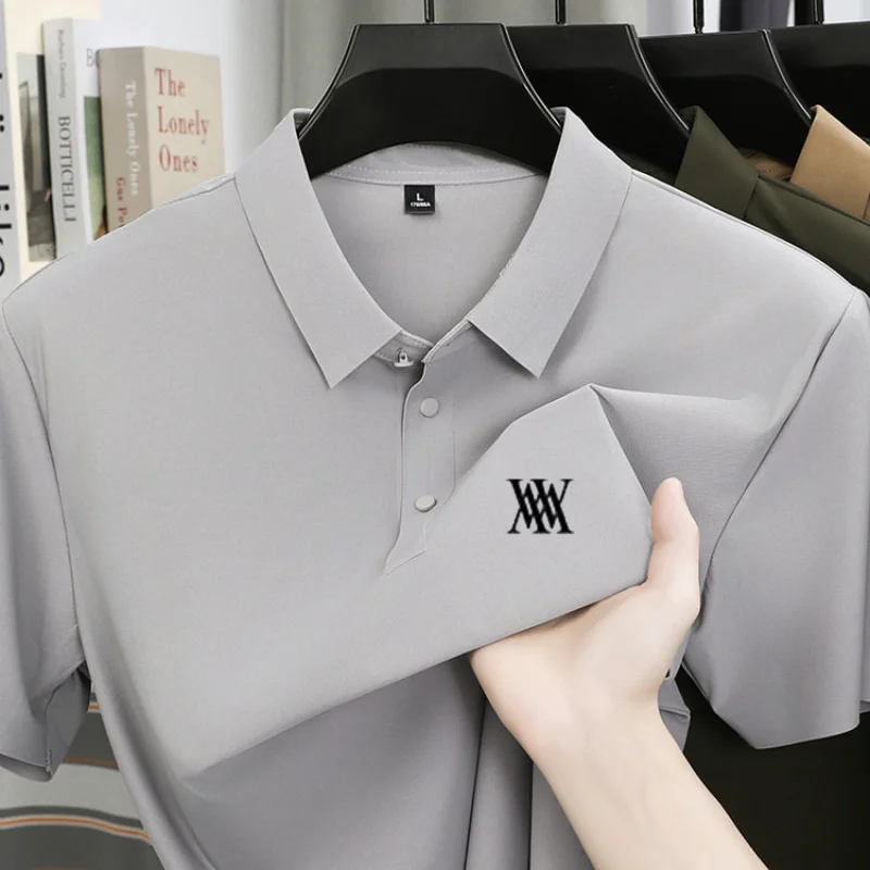 Brand Ice Silk Short Sleeve Men's Printed Polo Shirt High end Fashion Top 2026 Summer New Comfortable Breathable Casual T-shirt
