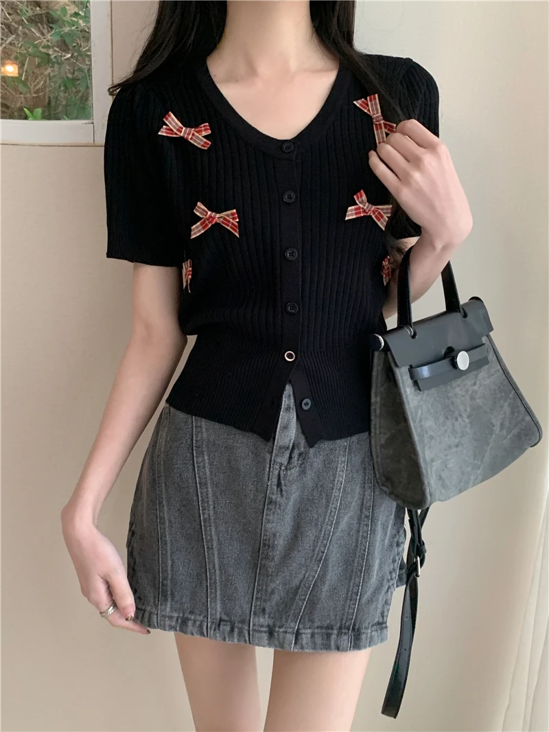 Bow Knitted Top Women Summer Thin Short Sleeve Slim Cropped Top