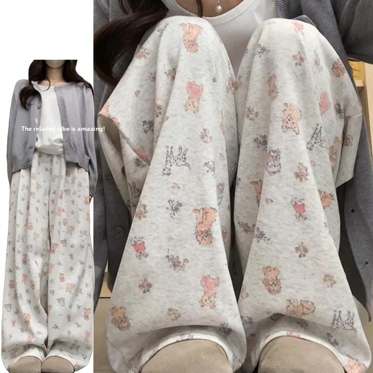 กางเกงขายาวทรงตรงเอวสูงลายการ์ตูนน้องหมาน่ารัก กางเกงลำลองผู้หญิง สไตล์เกาหลี ใหม่ล่าสุดสำหรับฤดูใบไม้ผลิและฤดูร้อน เอวยืดหยุ่น