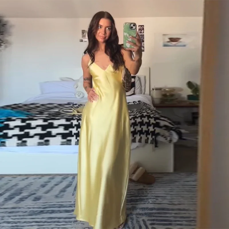 Women Solid Satin Sling Long Dress Casual Backless Sleeveless V-neck Pleated Gowns 2026 Summer Vacation Evening Party Robes