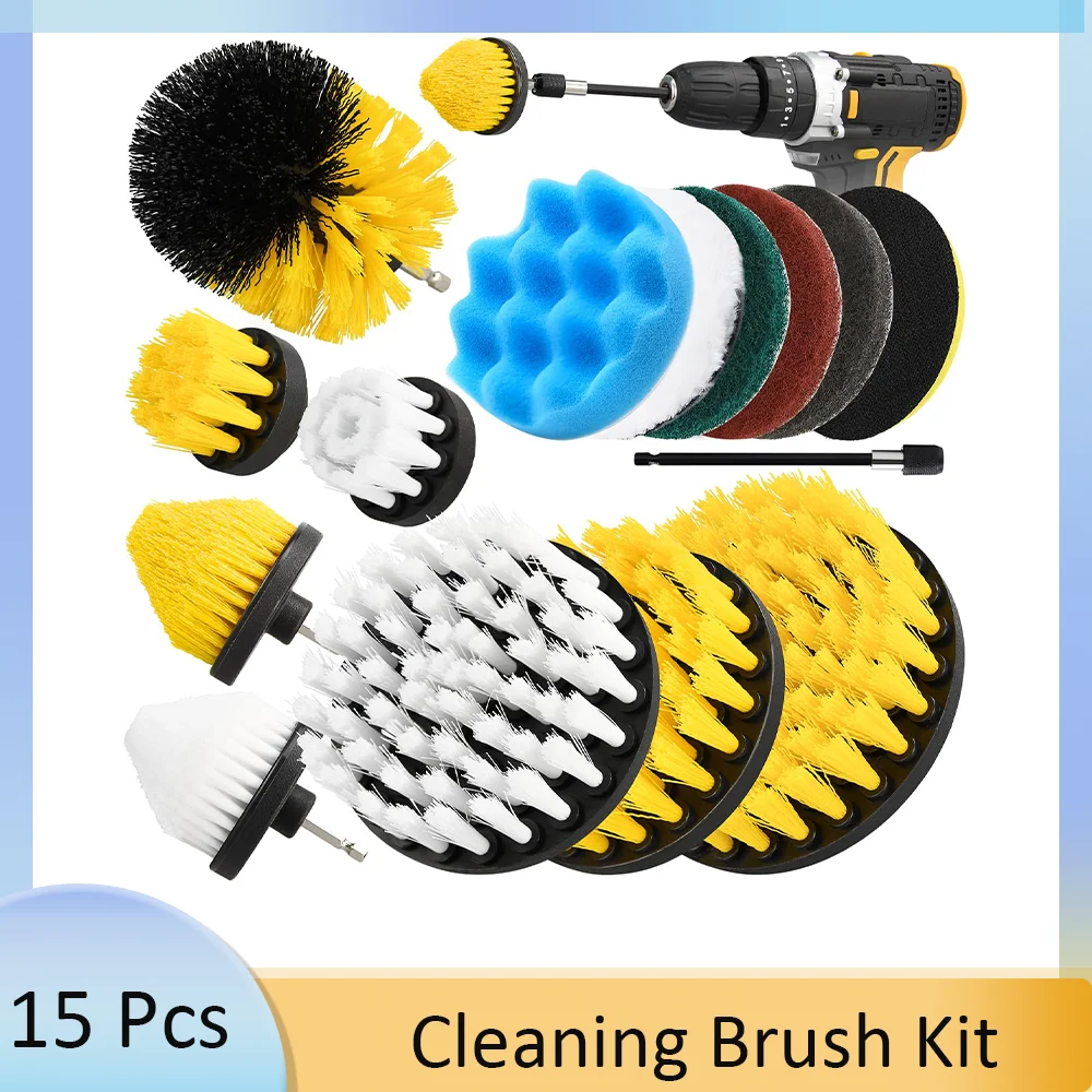 Drill Cleaning Brush Attachment Set 16 Pcs  with Polishing Pad Scouring Pad and Extension bar for Clean Car Shower Tub Bathroom