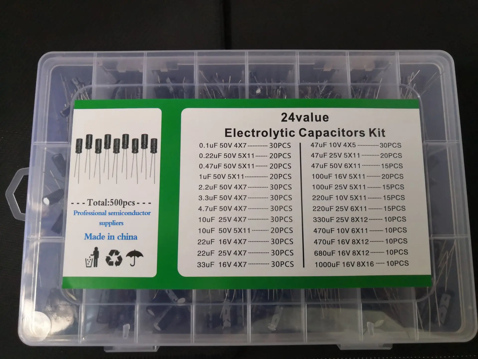 1 caja 500 Uds Kit de condensadores electrolíticos de aluminio 50V 25V 16V 10V 10/22/33/47/100/220/330/470/680/1000/0.1/0.22/0.47/2.2/3.3/4.7UF