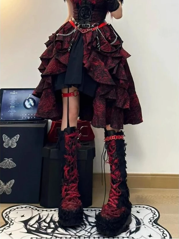 Gothic Lolita Dress Sexy Black Red Printed Studded Chain Off Shoulder Tiered Ruffle Slim Fit Women Girls Party Cosplay Clubwear - view 4